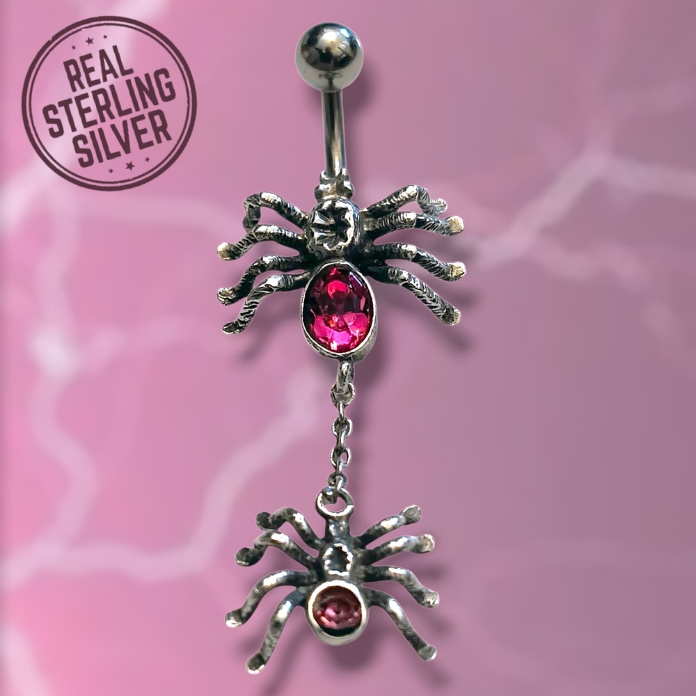 Sterling Silver Spider Belly Ring with Pink CZ